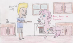 Size: 3300x1965 | Tagged: safe, artist:darkknightwolf2011, pinkie pie, pony, beavis, beavis and butthead, bipedal, crossover, cupcake, traditional art