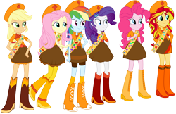 Size: 15284x9891 | Tagged: dead source, safe, artist:birdalliance, applejack, fluttershy, pinkie pie, rainbow dash, rarity, sunset shimmer, equestria girls, absurd resolution, clothes, crossover, disney, fireside girls, freckles, group, humane five, humane six, phineas and ferb, simple background, transparent background, uniform, vector