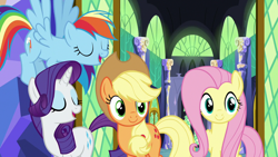 Size: 1280x720 | Tagged: safe, derpibooru import, screencap, applejack, fluttershy, rainbow dash, rarity, earth pony, pegasus, pony, unicorn, not asking for trouble, twilight's castle