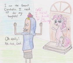 Size: 2630x2272 | Tagged: safe, artist:darkknightwolf2011, pinkie pie, pony, beavis, beavis and butthead, bipedal, cornholio, crossover, cupcake, traditional art