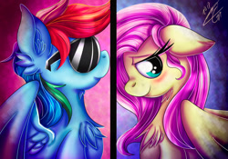 Size: 1024x716 | Tagged: safe, artist:ebonyinkstone, derpibooru import, fluttershy, rainbow dash, pegasus, pony, blushing, color porn, female, floppy ears, mare, smiling, sunglasses