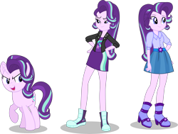 Size: 7501x5683 | Tagged: safe, artist:limedazzle, starlight glimmer, equestria girls, absurd resolution, alternate universe, boots, clothes, comparison, converse, cute, equestria girls-ified, high heel boots, high heels, jacket, leather jacket, lidded eyes, open mouth, raised hoof, shoes, simple background, skirt, smiling, sneakers, solo, transparent background, vector