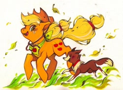 Size: 1116x818 | Tagged: safe, artist:mi-eau, applejack, winona, earth pony, pony, leaves, running, traditional art, wind