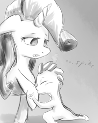 Size: 831x1039 | Tagged: safe, artist:ruby, rarity, spike, dragon, pony, unicorn, 30 minute art challenge, grayscale, kissing, monochrome, shipping, sparity