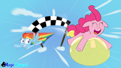 Size: 2560x1440 | Tagged: safe, artist:rupertbluefox, derpibooru import, pinkie pie, rainbow dash, earth pony, pegasus, pony, series:30 dayz of pinks, balloon, balloon sitting, deflation, floppy ears, flying, funny, midair, racing, riding, shocked