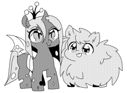 Size: 820x600 | Tagged: safe, artist:kkotnim, queen chrysalis, oc, oc:fluffle puff, changeling, changeling queen, earth pony, pony, :p, duo, grayscale, halftone, manga, monochrome, silly, simple background, tongue out, white background