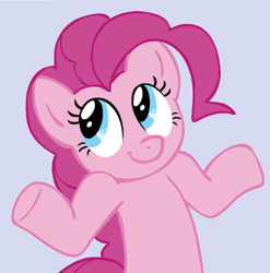 Size: 1112x1124 | Tagged: safe, pinkie pie, earth pony, pony, female, mare, pink coat, pink mane, shrug, shrugpony, solo