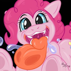 Size: 1280x1280 | Tagged: safe, artist:renaayama, pinkie pie, earth pony, pony, drool, fetish, imminent vore, kitchen eyes, licking, maw, nightmare fuel, pinkie pred, tongue out, uvula
