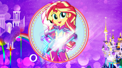 Size: 1920x1080 | Tagged: safe, artist:illumnious, artist:javkiller, artist:pinkiespartygirl, sunset shimmer, equestria girls, friendship games, canterlot, clothes, cloudsdale, hand on hip, looking at you, open mouth, solo, wallpaper