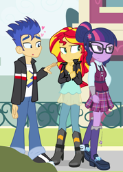 Size: 1020x1425 | Tagged: safe, artist:dm29, flash sentry, sci-twi, sunset shimmer, twilight sparkle, equestria girls, friendship games, clothes, crystal prep academy, crystal prep academy uniform, female, flashlight, heart, male, school uniform, sciflash, shipping, straight, trio