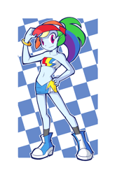 Size: 800x1200 | Tagged: safe, artist:rvceric, derpibooru import, rainbow dash, equestria girls, adorasexy, bandeau, belly button, boots, breasts, clothes, cute, dashabetes, delicious flat chest, female, hand on hip, hat, high heel boots, looking at you, miniskirt, multicolored hair, ponytail, race queen, rainbow flat, sexy, shoes, skirt, smiling, solo, tube top, visor