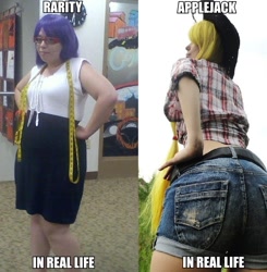 Size: 780x795 | Tagged: safe, applejack, rarity, human, comparison, cosplay, glasses, irl, irl human, photo