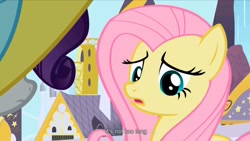 Size: 1176x662 | Tagged: safe, screencap, fluttershy, rarity, pegasus, pony, unicorn, sweet and elite, youtube caption