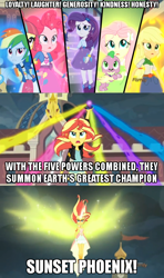 Size: 500x842 | Tagged: safe, screencap, applejack, captain planet, fluttershy, pinkie pie, rainbow dash, rarity, spike, spike the regular dog, sunset shimmer, dog, equestria girls, friendship games, captain planet and the planeteers, daydream shimmer, exploitable meme, humane five, image macro, meme, sunset phoenix