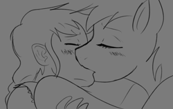 Size: 1403x888 | Tagged: safe, artist:dj-black-n-white, derpibooru import, rainbow dash, oc, oc:cinnamon cider, pegasus, pony, satyr, age difference, blushing, female, interspecies, kissing, lesbian, making out, monochrome, offspring, parent:applejack