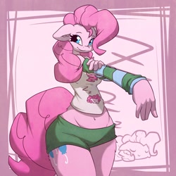 Size: 1280x1280 | Tagged: safe, artist:efrejok, pinkie pie, anthro, belly button, clothes, hips, impossibly wide hips, midriff, shorts, solo, wide hips