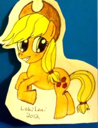 Size: 721x943 | Tagged: safe, artist:lokileni, applejack, earth pony, pony, blonde mane, female, mare, orange coat, photo, solo