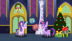 Size: 6666x3747 | Tagged: safe, artist:steampunk-brony, starlight glimmer, twilight sparkle, twilight sparkle (alicorn), alicorn, pony, absurd resolution, christmas, christmas tree, christmas wreath, levitation, magic, open mouth, pointy ponies, present, smiling, telekinesis, tree, twilight's castle