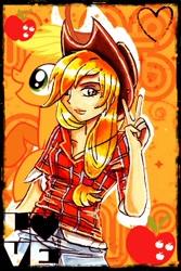 Size: 355x530 | Tagged: safe, artist:lunell, applejack, human, applejack's hat, blonde hair, clothes, female, humanized, solo