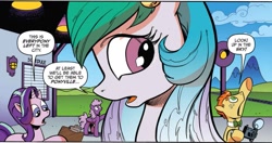 Size: 1063x560 | Tagged: safe, artist:andypriceart, idw, princess celestia, starlight glimmer, alicorn, pony, spoiler:comic, comic, dc comics, jimmy olsen