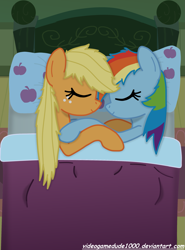 Size: 1999x2696 | Tagged: safe, artist:pajama-ham, derpibooru import, applejack, rainbow dash, earth pony, pegasus, pony, appledash, cuddling, eyes closed, female, lesbian, on side, shipping, sleeping, smiling, snuggling