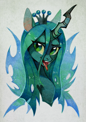 Size: 1001x1413 | Tagged: safe, artist:lispp, queen chrysalis, changeling, changeling queen, bust, female, looking at you, open mouth, simple background, solo, tongue out, traditional art