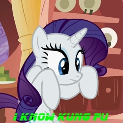 Size: 700x700 | Tagged: safe, edit, edited screencap, screencap, rarity, pony, unicorn, look before you sleep, bipedal, cropped, cute, frown, kung fu, solo, spooky, the matrix