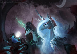 Size: 2025x1430 | Tagged: safe, artist:begasus, nightmare moon, queen chrysalis, alicorn, changeling, changeling queen, pony, chrysmoon, crescent moon, female, flower, lesbian, mare, moon, night, shipping, tree