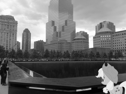 Size: 2592x1936 | Tagged: safe, artist:adrianimpalamata, applejack, human, pony, 9/11, black and white, grayscale, irl, national september 11th memorial, new york, new york city, photo, ponies in real life, vector