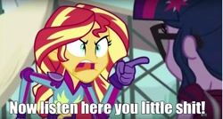 Size: 1280x687 | Tagged: safe, sci-twi, sunset shimmer, twilight sparkle, equestria girls, friendship games, angry, glasses, image macro, listen here, meme, pointing, vulgar