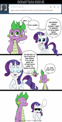 Size: 765x1500 | Tagged: safe, artist:pia-sama, rarity, spike, dragon, pony, unicorn, comic, female, male, older, shipping, sparity, straight, tumblr