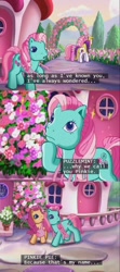 Size: 639x1438 | Tagged: safe, minty, pinkie pie, pinkie pie (g3), puzzlemint, sparkleworks, earth pony, pony, g3, positively pink, distraction, flower, lol, name, subtitles, text