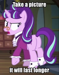 Size: 414x520 | Tagged: safe, edit, edited screencap, screencap, snowfall frost, starlight glimmer, pony, unicorn, a hearth's warming tail, caption, cropped, glimmer glutes, image macro, irony, meme, plot, solo