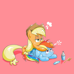 Size: 894x894 | Tagged: safe, artist:joycall6, derpibooru import, applejack, rainbow dash, earth pony, pegasus, pony, comb, mirror