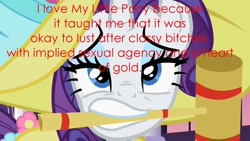 Size: 1280x720 | Tagged: safe, edit, edited screencap, screencap, rarity, pony, unicorn, brony, caption, female, mare, out of context, solo, text, vulgar