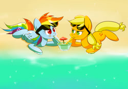 Size: 1024x712 | Tagged: safe, artist:joycall6, derpibooru import, applejack, rainbow dash, earth pony, pegasus, pony, appledash, beach, drink, female, lesbian, mare, sharing a drink, shipping, straw, sunglasses