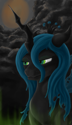 Size: 720x1240 | Tagged: safe, artist:com3tfire, queen chrysalis, changeling, changeling queen, bust, cloud, female, portrait, solo