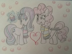 Size: 960x720 | Tagged: safe, artist:cottoncattailtoony, pinkie pie, starlight glimmer, earth pony, pony, christmas, clothes, cupcake, food, heart, hoof hold, magic, scarf, smiling, traditional art, tray