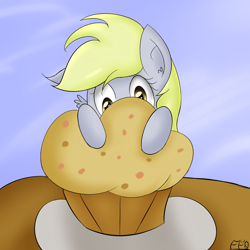 Size: 1280x1280 | Tagged: safe, artist:freefraq, derpy hooves, pegasus, pony, female, giant muffin, mare, muffin