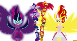 Size: 6538x3477 | Tagged: safe, artist:conikiblasu-fan, midnight sparkle, sci-twi, sunset satan, sunset shimmer, twilight sparkle, twilight sparkle (alicorn), alicorn, equestria girls, friendship games, my past is not today, rainbow rocks, the science of magic, absurd resolution, bare shoulders, clothes, crystal prep academy, crystal prep academy uniform, crystal prep shadowbolts, daydream shimmer, dress, duo, element of magic, fall formal, fall formal outfits, glasses, lab coat, leather jacket, microphone, open mouth, ponied up, school uniform, signature, skirt, sleeveless, strapless, sunset the science gal, welcome to the show, wings