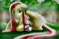 Size: 900x593 | Tagged: safe, artist:mirrorandimage, angel bunny, fluttershy, pegasus, pony, female, mare, rain