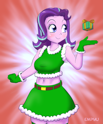 Size: 833x1000 | Tagged: safe, artist:empyu, starlight glimmer, equestria girls, belly button, christmas, cute, equestria girls-ified, glimmerbetes, present, smiling, solo