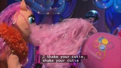 Size: 853x480 | Tagged: safe, pinkie pie, sew-and-so (g3), earth pony, pony, g3, my little pony live, the world's biggest tea party, cutie mark, disco, ladybugs, out of context, shake your cutie, song, subtitles, text