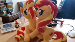 Size: 3264x1836 | Tagged: safe, artist:onlyfactory, sunset shimmer, human, pony, 3ds, amiibo, board game, bootleg, dice, female, hug, imminent kissing, irl, irl human, lesbian, mario, new 3ds, nintendo ds, photo, plushie, self ponidox, selfcest, shipping, super mario bros.
