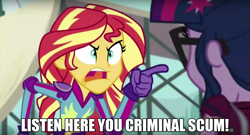 Size: 1272x687 | Tagged: safe, screencap, sci-twi, sunset shimmer, twilight sparkle, equestria girls, friendship games, criminal scum, frown, glare, open mouth, pointing