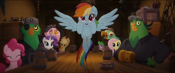 Size: 1280x540 | Tagged: safe, derpibooru import, screencap, applejack, boyle, fluttershy, lix spittle, mullet (character), murdock, pinkie pie, rainbow dash, rarity, spike, dragon, earth pony, pegasus, pony, unicorn, my little pony: the movie, parrot pirates, pirate