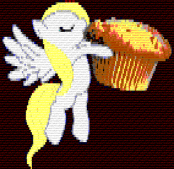 Size: 994x966 | Tagged: safe, derpy hooves, pegasus, pony, blonde mane, female, gray coat, mare, muffin, text, wings