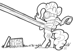 Size: 1454x1000 | Tagged: safe, artist:abronyaccount, pinkie pie, earth pony, pony, bipedal, black and white, clothes, goggles, grayscale, monochrome, rubber band, scarf, simple background, white background