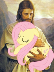 Size: 480x633 | Tagged: safe, fluttershy, pegasus, pony, female, holding a pony, jesus christ, mare