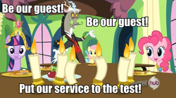 Size: 957x537 | Tagged: safe, derpibooru import, edit, edited screencap, screencap, discord, fluttershy, pinkie pie, twilight sparkle, earth pony, pegasus, pony, keep calm and flutter on, be our guest, beauty and the beast, big crown thingy, candle, caption, dancing, disney, element of laughter, element of magic, hub logo, image macro, meme, moustache, song in the comments, song reference